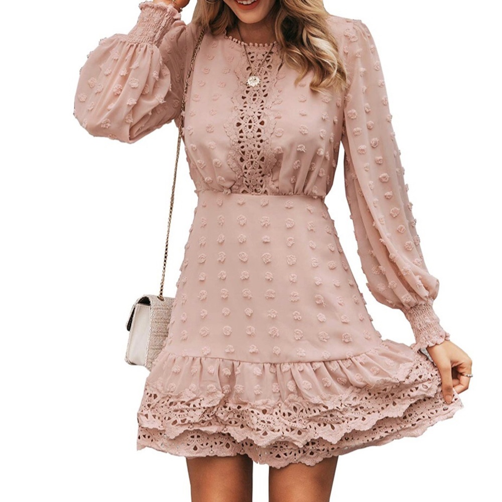 MsLure Elegant Lace Chiffon Mini Dress Lantern Sleeve Ruffle Hem Party Dress